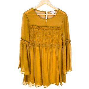 Love Riche Mustard Yellow Sheer Smocked Ruched Long Sleeve Dress